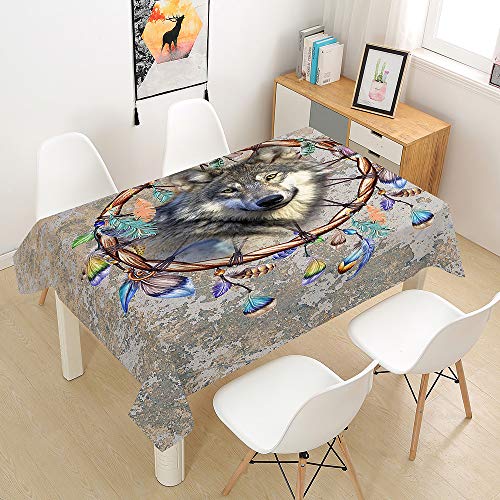 Hiser Tischdecke Wasserdicht Tischwäsche, Rechteckig Abwaschbar 3D Tier Wolf Drucken Polyester Tischdecken Abwischbar Tischtuch für Küche Party Outdoor Garten (grau,140x200cm) von Hiser