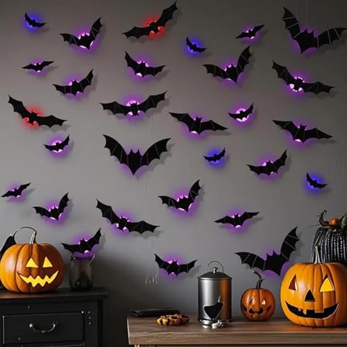 2025 LED-lila 3D-Fledermäuse – Bats Wall Decor | 3D Bats Halloween Wall Decor | Halloween Bats – Leuchtende LED-Fledermaus Wandsticker Multipack für Fenster, Wände & Partys (60 Stück) von Hislaves