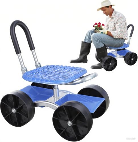 Gartenhocker für Gartenarbeit,Gartenwagen Rollarbeitssitz mit Rollen,360-Grad-Drehsitz, Lenkgriff und Werkzeugablage mit atmungsaktivem Kissen von Hislaves