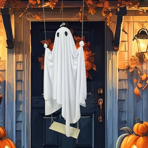 Halloween Dekoration Außen – 5FT Large Hanging Swing Ghost mit Fernbedienung-String Lights & Upgraded Sheet, spooky ghost decorations für Front Porch, Yard, Garden, Lawn & Tree hanging swing ghost (B) von Hislaves