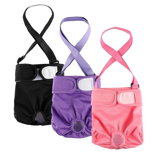Hisprout 3-Pack Weibliche Hundewindel mit Straps Wiederverwendbare Waschbare Atmungsaktive Haltbare Hundehose für Hitzesaison Periode Inkontinenz(S,Pink/Purple/Black) von Hisprout