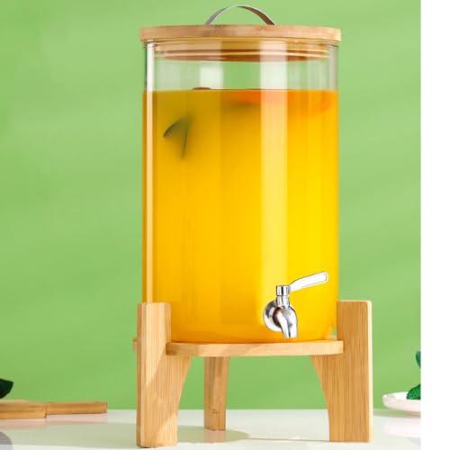 Getränkespender mit Ständer, 7L Getränkespender aus Glas mit rostfreiem Wasserhahn, Getränkespender mit Bambusständer, Eiskalt- oder Heißgetränkespender für Partys von Hisredsun
