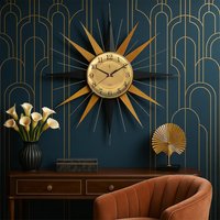 Mid-Century Modern Starburst Wanduhr - 24 Zoll Schwarz & Gold Retro Uhr Stilles Quarzuhrwerk Handgemachtes Atomares Wanddekor von HistoricalClock