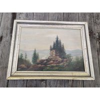 Altes Gemälde Mit Felsen Und Bäumen, Fichtenbäume, 1930-50 von Historyprops