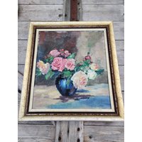 Vintage Bemalte Rosen, Öl Oder Acryl, Brokante Stil, Boudoir von Historyprops