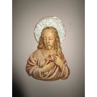 Antiker 11 "Gips Jesus Mit Rhinestone-Halo, Wand-Jesus Herausgestelltem Herzen Durch Universalstatue Von Chicago von HitOrMissTreasures