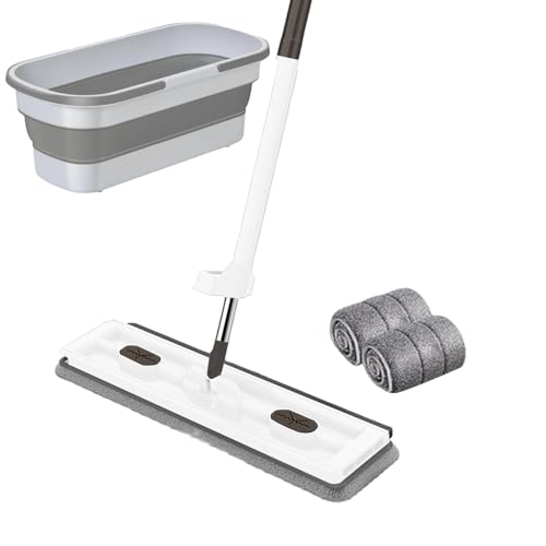 Hitburu Wischmopp Set Mit Eimer, Wischmopp Mit Auswringfunktion,großer Flacher Mopp, Um 360° Drehbarer Mopp Mit Entwässerungsschaber Und 2 Waschbaren Mikrofaserpads, Für Die Bodenreinigung von Hitburu