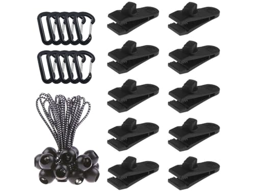 Hitopin Zeltplanen Clips, 30PCS Planenhalter Clips, Zeltplane Clips Planenbefestigung,Zelt Clips Set,10 Planenclip,mit 10 Seil+10 Windseilschnalle für Zelt Camping Vorzelt (Schwarz) von Hitopin