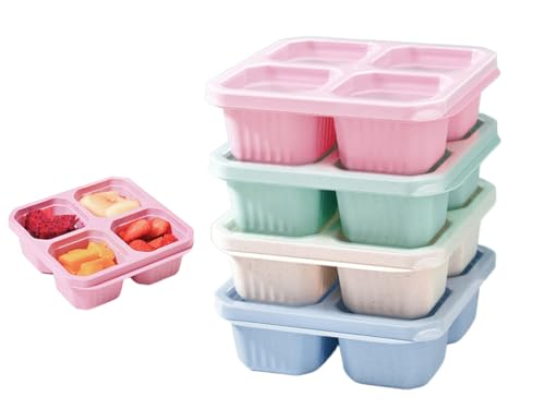 Hitopin 4 Stück Snackboxen mit 4 Fächer, Wiederverwendbare Snack-Behälter, Snackbox mit Fächern, Snack-Behälter mit transparentem Deckel, für Einfrieren/Mikrowellen/Spülmaschine(4 Farben) von Hitopin