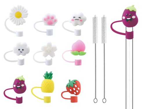 Hitopin 9 Stück Silikon Strohhalm Abdeckung, Trinkhalmspitzen Wiederverwendbare, Entzückende Silikon Strohhalm Abdeckung, Cartoon Trinkhalm Spitzen Deckel, für Dekor 6-8mm Strohhalme, Staubdicht von Hitopin
