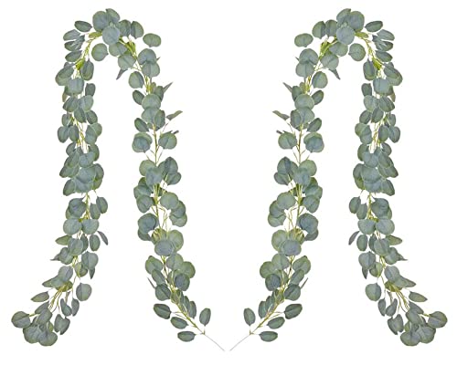 Hitopin Eukalyptus Blätter Deko Girlande, 2PCS Eukalyptus Girlande Künstlich Pflanze, Plastik Pflanze Grün Kunstpflanzen, Künstliche Ranken, für Garten, Hochzeit, Hintergrund, Wanddekoration(2PCS*2M) von Hitopin