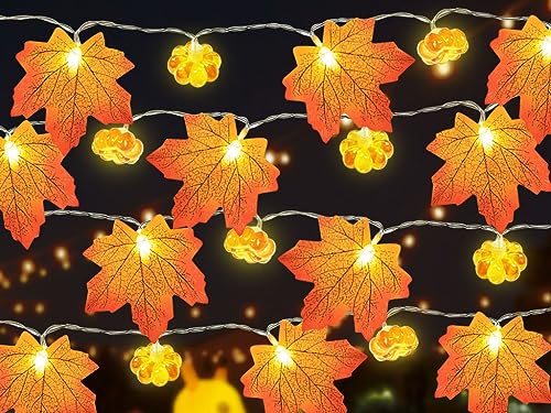 Hitopin Lichterkette Herbst Halloween, 5M 50 LED Ahornblätter Kürbis Deko Lichterketten, Halloween-Lichterketten Kürbis-Ahornblätte, für Herbstdeko Erntedankfest Halloween Innen und Außen Deko (Type1) von Hitopin