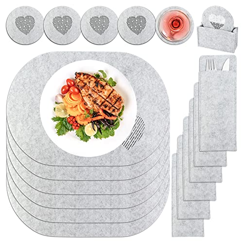 Hivia 19-Teiliges Tischset-6 Placemat+6 Untersetzer+6 Bestecksäcken+1 Untersetzertasche，Tischsets Abwaschbar Tischset Filz|Hellgrau von Hivia