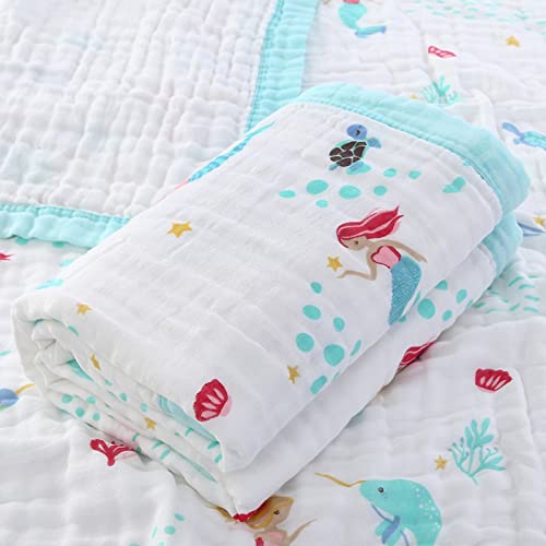 Hivia Musselin Decke 6 Lagig Kuscheldecke Baby Baumwolle 110 x 110 cm Musselin Babydecke Wickeldecke Weiche Decke für Badetuch,Kinderdecke Neugeborene Unisex (Blau Meerjungfrau) von Hivia