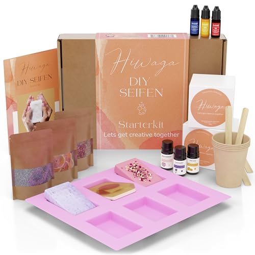 Hiwaga DIY Seifen selber Machen Set für Erwachsene, Starterkit für kreative Seifenherstellung, Seife selber Machen Set Erwachsene, Komplettset inkl. Rohseifen, Farben, Duftöle und Silikonform von Hiwaga