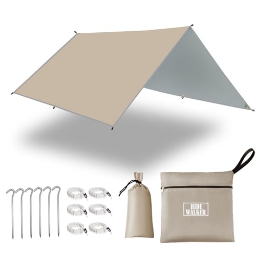 3X3 3X4 3X5 Tarp Ultraleicht Zeltplane Wasserdicht mit Ösen Kleines Packmaß Zeltunterlage Leicht Kompakt Sonnensegel Strand mit Uv Schutz Hängematte Camping Plane (khakifarbe, 4x4m) von HIDEWALKER