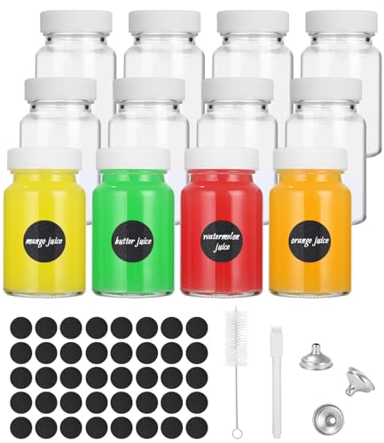 Hixava 12 Stück Shot Flaschen zum Befüllen 60ml Kleine Glasflaschen Kleine Mini Fläschchen mit Trichter Deckel Etiketten Bürsten Schnapsflaschen für Saft Smoothie Ingwer und Gewürze von Hixava