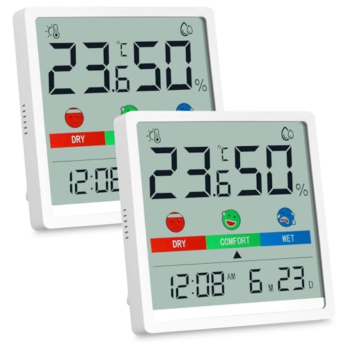 Hixava Digitales Thermometer Innen 2 Stück Mini Raumthermometer Hygrometer Digital Thermo-Hygrometer mit Emotionale Hinweise ℃/℉ Umschaltbar Datum 12/24Hr für Innenraum Büro Weinkeller Gewächshaus von Hixava