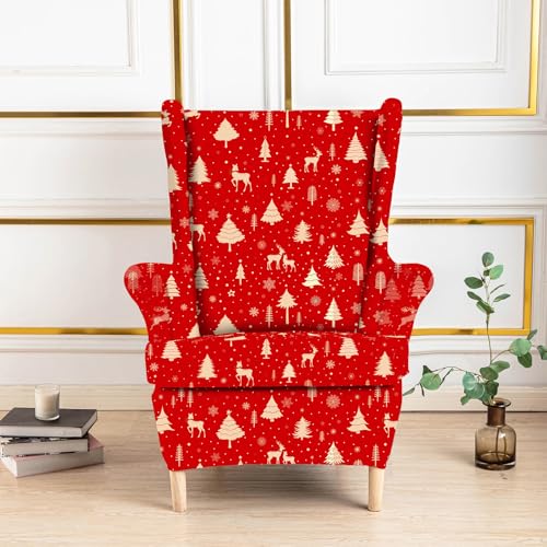 Hixingo 2-Teilig Ohrensessel Überzug, 3D-Muster Sesselbezüge Stretch Ohrensessel Bezug Abnehmbar und Waschbar für Wohnzimmer Schlafzimmer Hotel Sesselschoner (One Size,Rote Weihnachten) von Hixingo