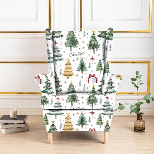 Hixingo 2-Teilig Ohrensessel Überzug, 3D-Muster Sesselbezüge Stretch Ohrensessel Bezug Abnehmbar und Waschbar für Wohnzimmer Schlafzimmer Hotel Sesselschoner (One Size,Weiß Weihnachten 1) von Hixingo