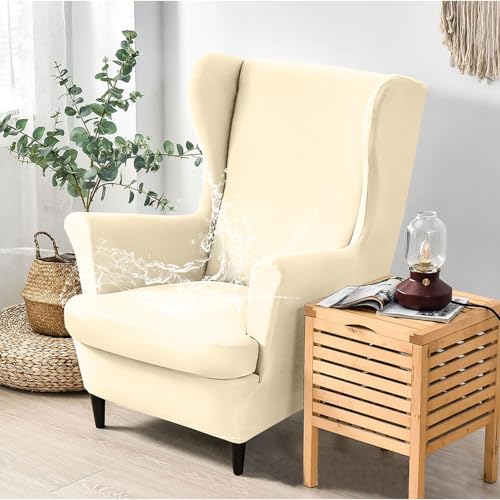 Hixingo 2-Teilig Ohrensessel Überzug, Einfarbig Sesselbezüge, Stretch Ohrensessel Bezug Abnehmbar für Wohnzimmer Schlafzimmer Hotel Sesselschoner (Beige,One Size) von Hixingo