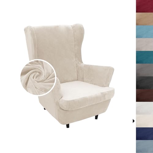 Hixingo 2-Teilig Ohrensessel Überzug, Glatter Samt Strandmon Mode Sesselbezüge, Abnehmbar Polyester Ohrensessel Bezug, Anti Rutsch Sesselschoner für Hotel Wohnzimmer Clubhaus (Beige) von Hixingo