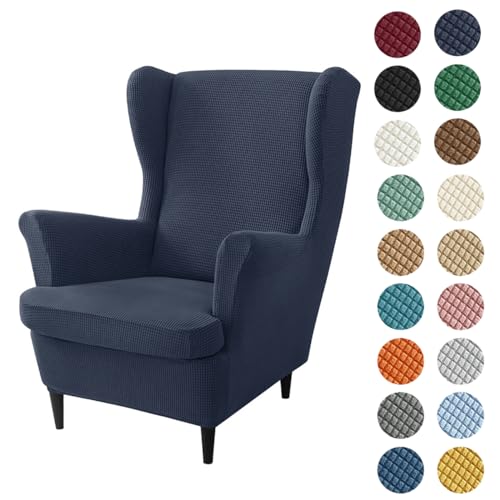 Hixingo 2-Teilig Ohrensessel Überzug, Jacquard Sesselbezüge Stretch Ohrensessel Bezug für Wohnzimmer Schlafzimmer Hotel Sesselschoner (One Size,Marineblaues Karo) von Hixingo