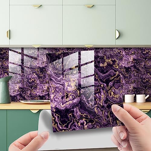 Hixingo 20 Stück Fliesenaufkleber Bad Fliesenfolie Bad Retro Marmor PVC Fliesensticker Fliesen Selbstklebend, Wasserfest Flisenkleibenfolien Klebefliesen Küche (Lila,20x20cm) von Hixingo
