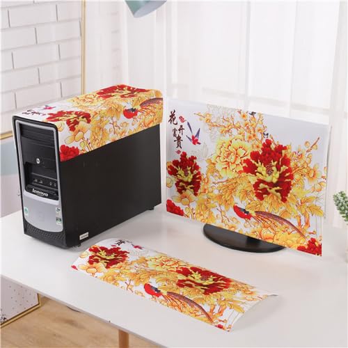 Hixingo 3 Stück Set Staubschutzhülle für Computer-Monitore, Tastatur Computer Host Desktop PC Monitor Protector Staubdicht Computer Fall Abdeckungen Muster (27 Zoll,gelbe Pfingstrose) von Hixingo