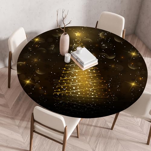 Hixingo 3D Weihnachten Tischdecke mit Elastik, Wasserdicht Gartentischdecke Antifouling Tischdecken Polyester Tischtuch Tisch Schutz für Küche Garten (70CM,Goldener Baum) von Hixingo