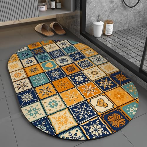 Hixingo Badematte rutschfeste Saugfähige 3D Buntes Mandala-Oval Badezimmermatte Weich Waschbar aus Kieselgur Schnelltrocknende Bodenmatte für Dusche, Badewannen, Küche (Gelb,80x120cm) von Hixingo