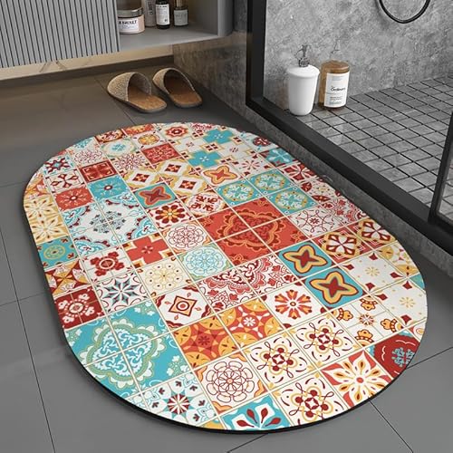 Hixingo Badematte rutschfeste Saugfähige 3D Buntes Mandala-Oval Badezimmermatte Weich Waschbar aus Kieselgur Schnelltrocknende Bodenmatte für Dusche, Badewannen, Küche (Rot,40x60cm) von Hixingo