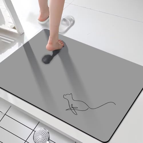 Hixingo Badematte rutschfeste Saugfähige Rechteck Grau Modern Einfach Badezimmermatte Weich Waschbar aus Kieselgur Schnelltrocknende Bodenmatte für Dusche, Badewannen, Küche (Kätzchen 3,50x80cm) von Hixingo