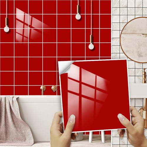 Hixingo Fliesenaufkleber Bad Volltonfarbe 20 Stück Fliesenfolie Bad PVC Fliesensticker Fliesen Selbstklebend, Wasserfest Flisenkleibenfolien Klebefliesen Küche (Rot,15x15cm) von Hixingo