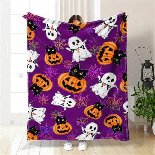 Hixingo Halloween Decke Kuscheldecke Gemütliche Weiche Decke Flanelldecke Flauschig Wohndecke mit Halloween Ghost Kürbis Druck, als Sofadecke Bettüberwurf - Halloween Deko (Lila,150x200cm) von Hixingo