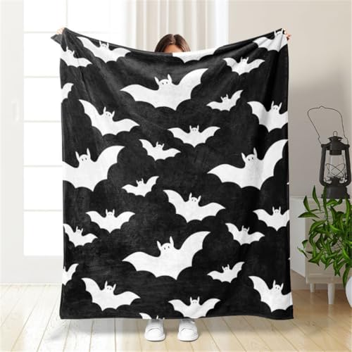 Hixingo Halloween Decke Kuscheldecke Gemütliche Weiche Decke Flanelldecke Wohndecke mit Halloween-Fledermaus-Silhouette Druck, als Sofadecke Bettüberwurf - Halloween Deko (Schwarz,130x150cm) von Hixingo
