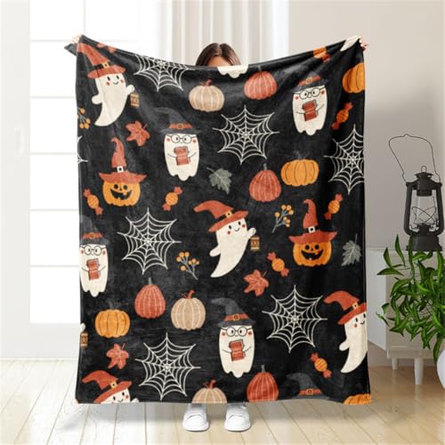 Hixingo Halloween Decke Kuscheldecke Gemütliche Weiche Decke Flanelldecke Wohndecke mit Halloween Lustiger Kürbis Druck, als Sofadecke Bettüberwurf - Halloween Deko (Geist,150x200cm) von Hixingo