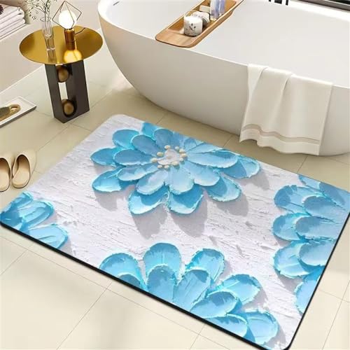 Hixingo Kieselgur Badematte Blumen-Ölgemälde-Muster rutschfeste Waschbar Badvorleger Saugfähig Badezimmerteppich, Schnelltrocknende Bodenmatte für Dusche, Badewannen, Küche (80x120cm,Blau) von Hixingo