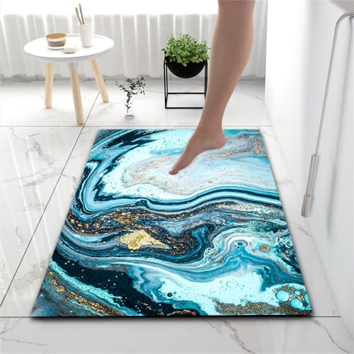 Hixingo Kieselgur Badematte rutschfeste Buntes Marmormuster Badvorleger Absorbierender Badezimmerteppich, Waschbar Schnelltrocknende Bodenmatte für Dusche, Badewannen, Küche (60x90cm,Blaugold 2) von Hixingo