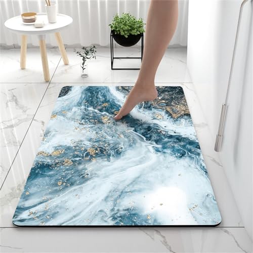 Hixingo Kieselgur Badematte rutschfeste Modern Marmor Badvorleger Absorbierender Badezimmerteppich, Waschbar Schnelltrocknende Bodenmatte für Dusche, Badewannen, Küche (50x80cm,Blau Weiß) von Hixingo