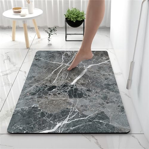 Hixingo Kieselgur Badematte rutschfeste Modern Marmor Badvorleger Absorbierender Badezimmerteppich, Waschbar Schnelltrocknende Bodenmatte für Dusche, Badewannen, Küche (50x80cm,Grau) von Hixingo