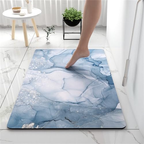 Hixingo Kieselgur Badematte rutschfeste Modern Marmor Badvorleger Absorbierender Badezimmerteppich, Waschbar Schnelltrocknende Bodenmatte für Dusche, Badewannen, Küche (60x90cm,Hellblau) von Hixingo