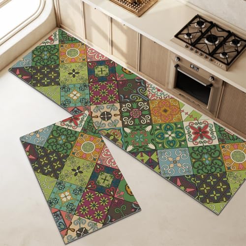 Hixingo Küche Teppich rutschfest, Abwaschbar Kieselgur Küchenläufer, Schnelltrocknend Küchenteppich Absorbierend Teppich Läufer Küchenmatte (Boho 3,50x80cm) von Hixingo