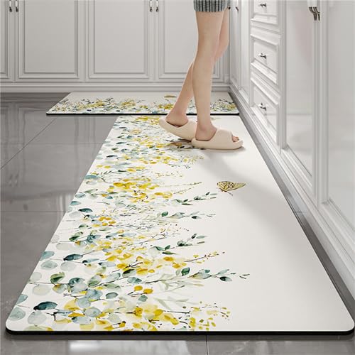Hixingo Küche Teppich rutschfest, Blumen Pflanze Muster Kieselgur Küchenläufer Schnelltrocknend Küchenteppich Abwaschbar Teppich Läufer Modern Küchenmatte (Gelbe Blumen,45x120cm) von Hixingo