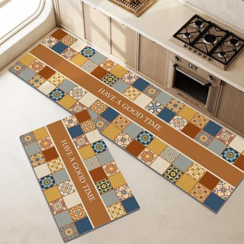 Hixingo Küche Teppich rutschfest, Böhmischer Stil Abwaschbar Kieselgur Küchenläufer, Schnelltrocknend Küchenteppich Absorbierend Teppich Läufer Küchenmatte (Khaki,40x120cm) von Hixingo