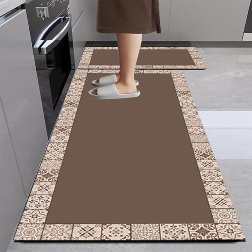 Hixingo Küche Teppich rutschfest, Kieselgur Küchenläufer Schnelltrocknend Abwaschbar Küchenteppich Absorbierend Teppich Läufer Küchenmatte Schmutzfangmatte (60x120cm,Kaffee Boho) von Hixingo
