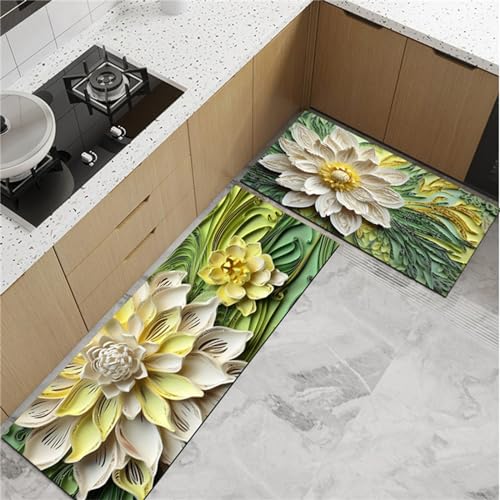 Hixingo Küche Teppich rutschfest,Ölgemälde Stil Kieselgur Küchenläufer Schnelltrocknend Küchenteppich Absorbierend Teppich Läufer Modern Küchenmatte Schmutzfangmatte (60x180cm,Lotus Blume) von Hixingo