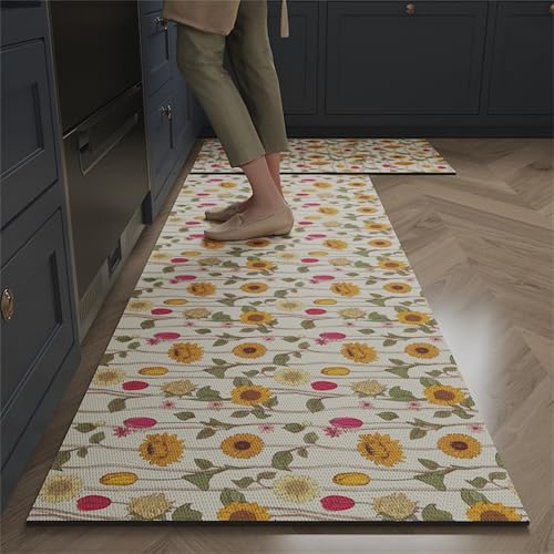 Hixingo Küche Teppich rutschfest Kieselgur Küchenläufer Absorbierend Schnelltrocknend Küchenmatte, Blumen Modern Stil Läufer Teppich Abwaschbar Küchenteppich (Gänseblümchen,80x120cm) von Hixingo