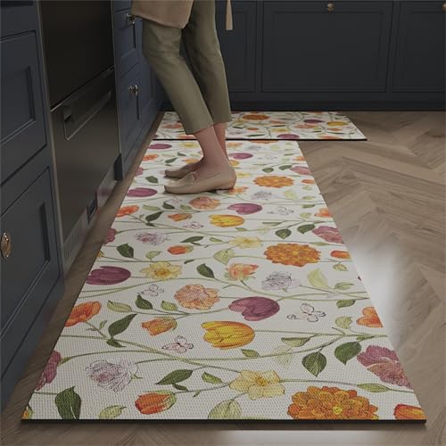 Hixingo Küche Teppich rutschfest Kieselgur Küchenläufer Absorbierend Schnelltrocknend Küchenmatte, Blumen Modern Stil Läufer Teppich Abwaschbar Küchenteppich (Tulpen,40x120cm) von Hixingo