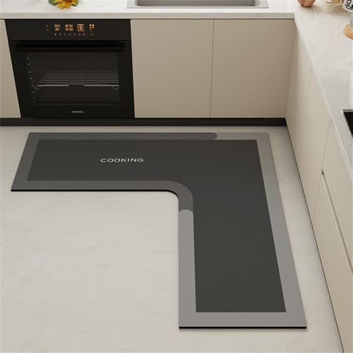 Hixingo Küche Teppich rutschfest Kieselgur L-förmig Küchenläufer Schnelltrocknend Küchenteppich Absorbierend Läufer Teppich Modern Abwaschbar Küchenmatte Schmutzfangmatte (100x45cm,dunkelgrau) von Hixingo